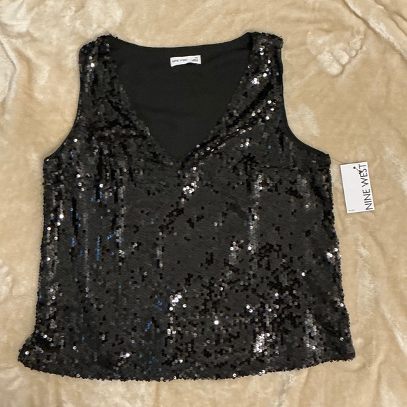 NWT Nine West Black Sequin V-Neck Lined Sleeveless Top Petite Medium PM - Picture 1 of 6